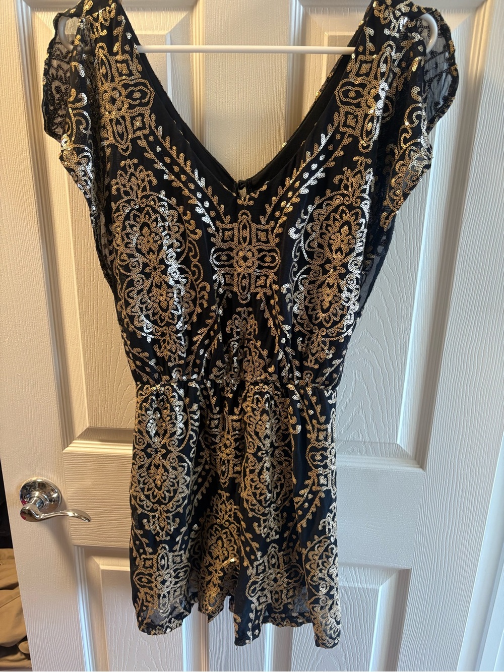 Black Romper with Gold Sequin Embroidery